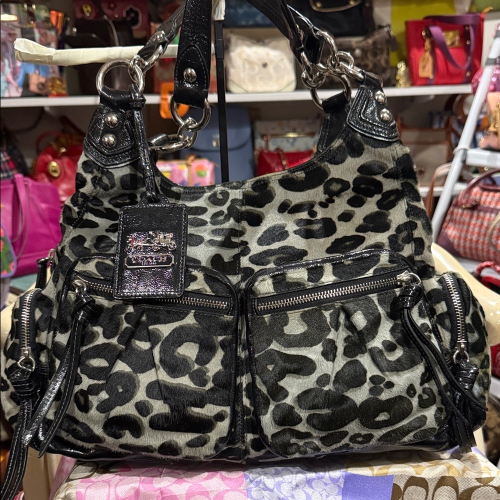 - COACH Madison Ocelot Leopard Haircarlf Jordana Black and Gray Satchel Bag
